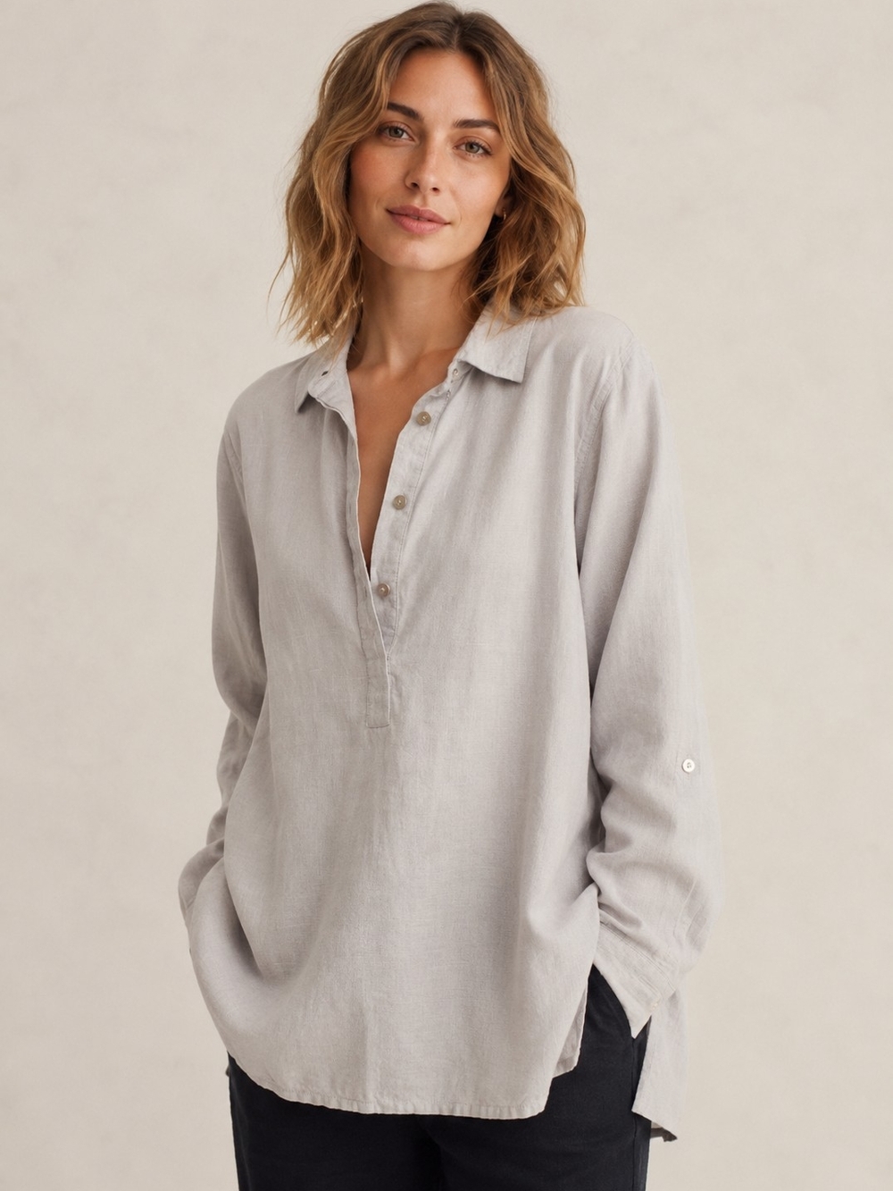 JNY Linen Beige Tunic Shirt Long Sleeve V-neck Scandinavian Lagenlook Minimalist